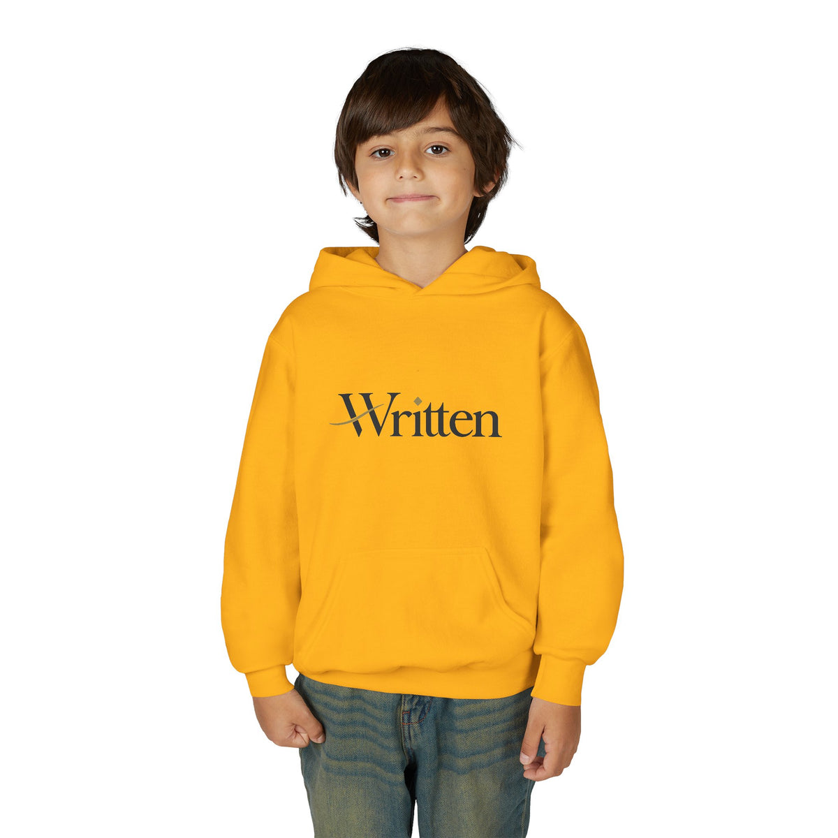Youth Hoodie — Minimal "Written" Graphic Pullover for Young Writers & Readers