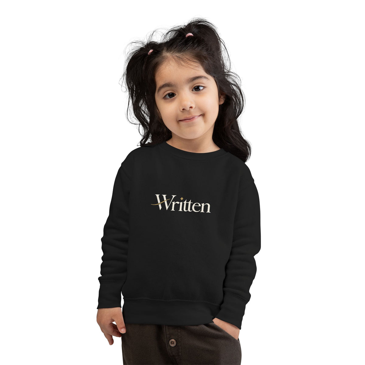 Toddler Sweatshirt - "Written" Minimalist Kids Crewneck, Cozy Gray Graphic Sweater for Little Readers & Writers