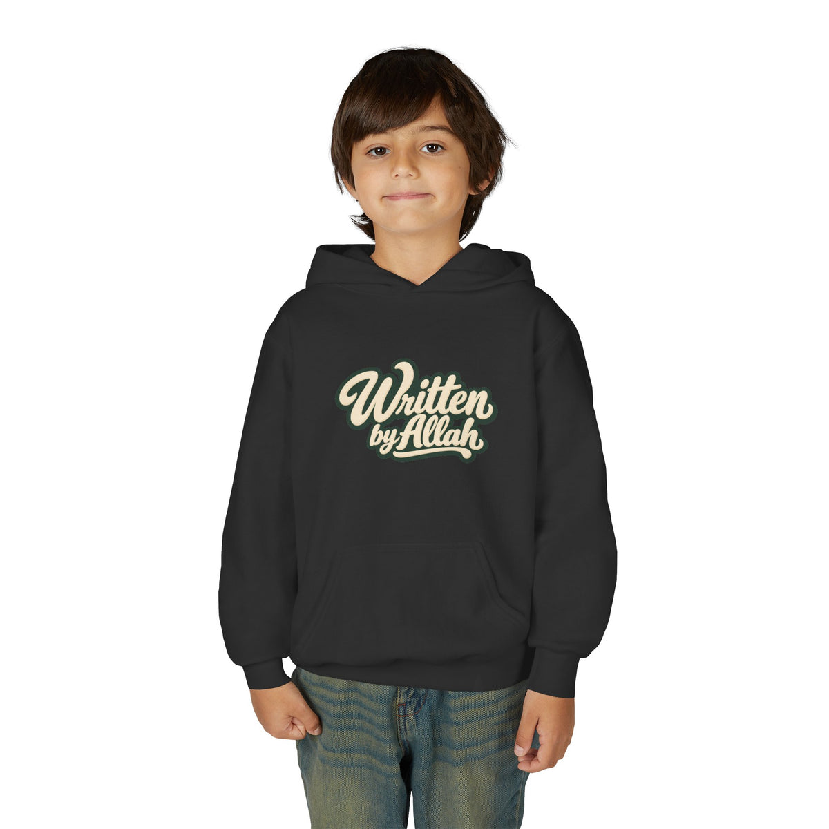 Youth Hoodie — "Written by Allah" Script Pullover for Muslim Kids
