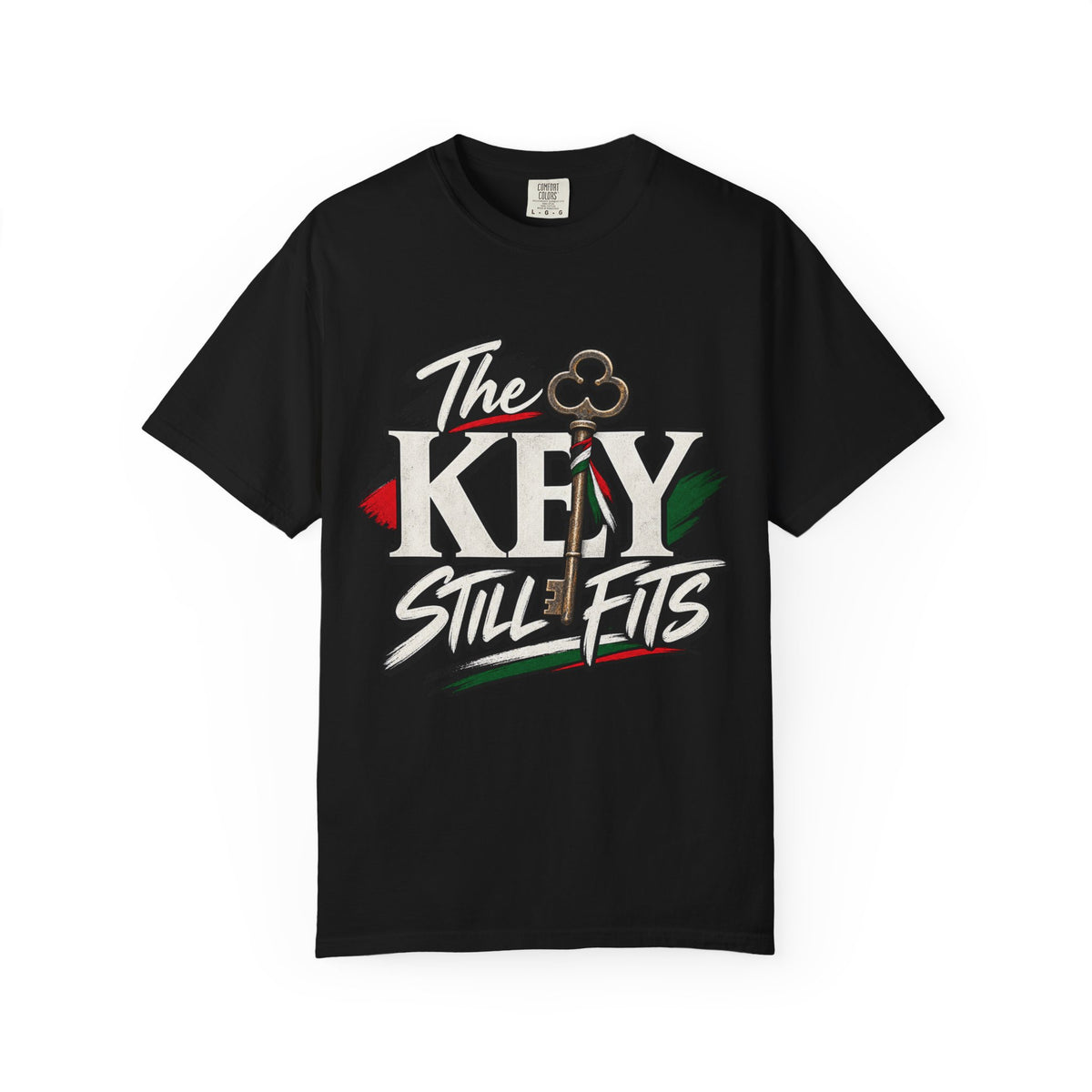 Key Still Fits T-Shirt — Vintage Key Graphic Tee with Red & Green Accents