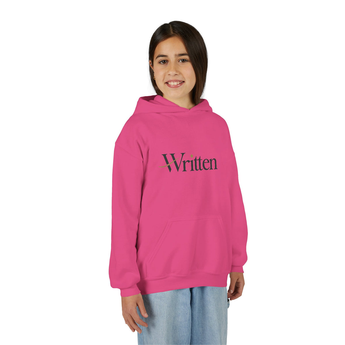 Youth Hoodie — Minimal "Written" Graphic Pullover for Young Writers & Readers