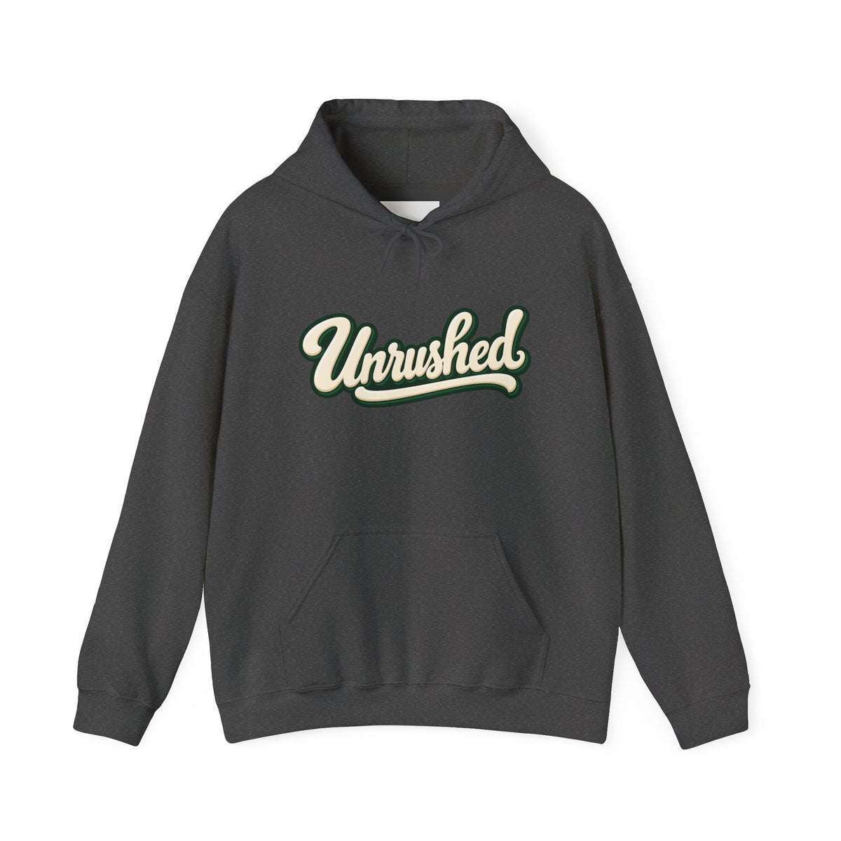 Hoodie — "Unrushed" Script Hoodie with "What Is Written Will Reach You" Back Quote