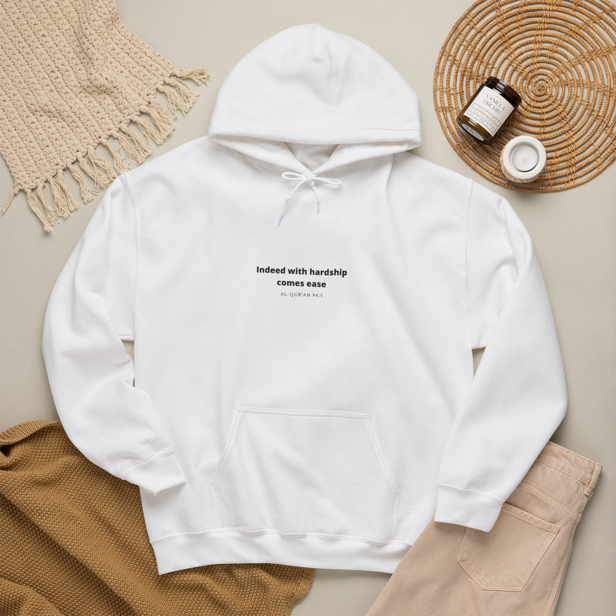 Minimal White Hoodie with "Indeed With Hardship Comes Ease" Text — Inspirational Comfort Pullover