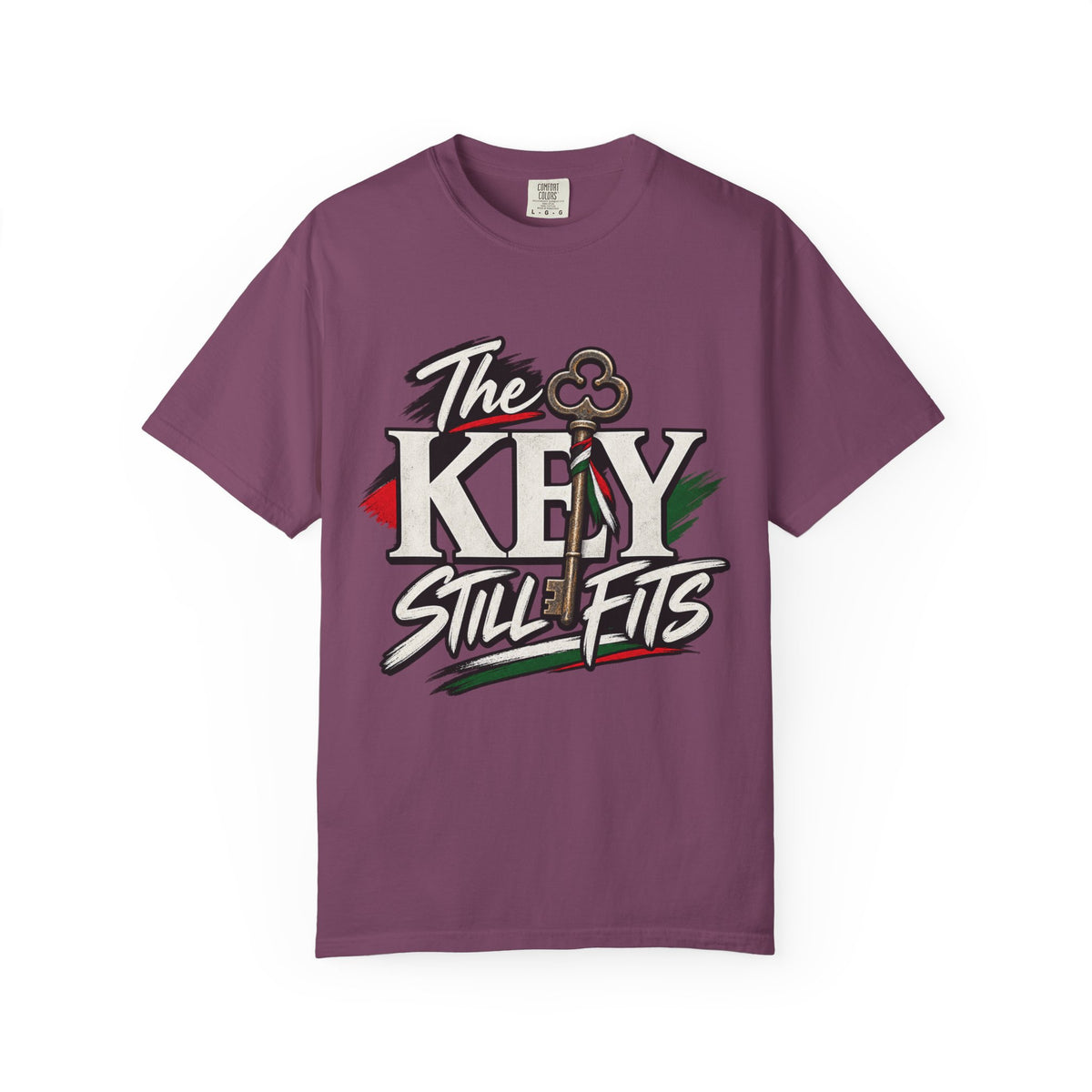 Key Still Fits T-Shirt — Vintage Key Graphic Tee with Red & Green Accents
