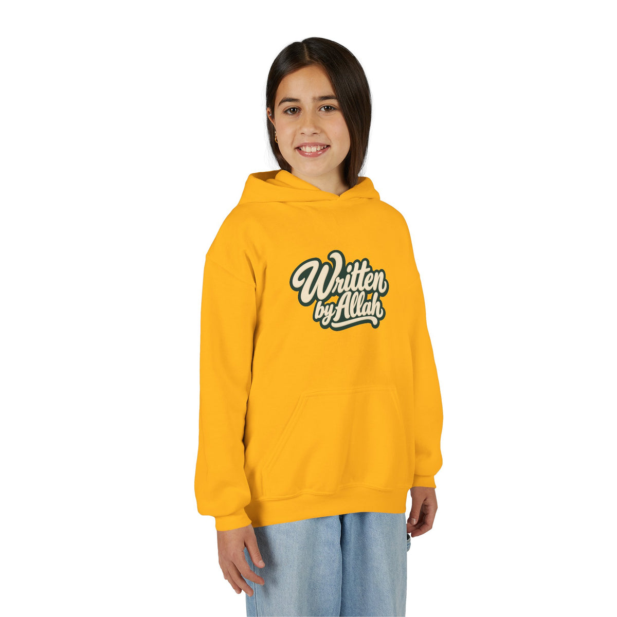 Youth Hoodie — "Written by Allah" Script Pullover for Muslim Kids