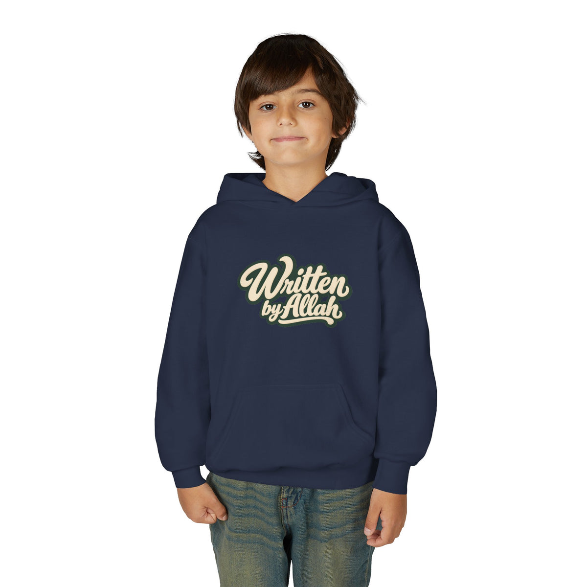 Youth Hoodie — "Written by Allah" Script Pullover for Muslim Kids