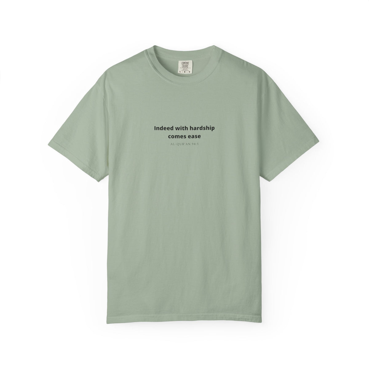 Minimalist Quran Quote T-Shirt — “Indeed with hardship comes ease” Centered Text