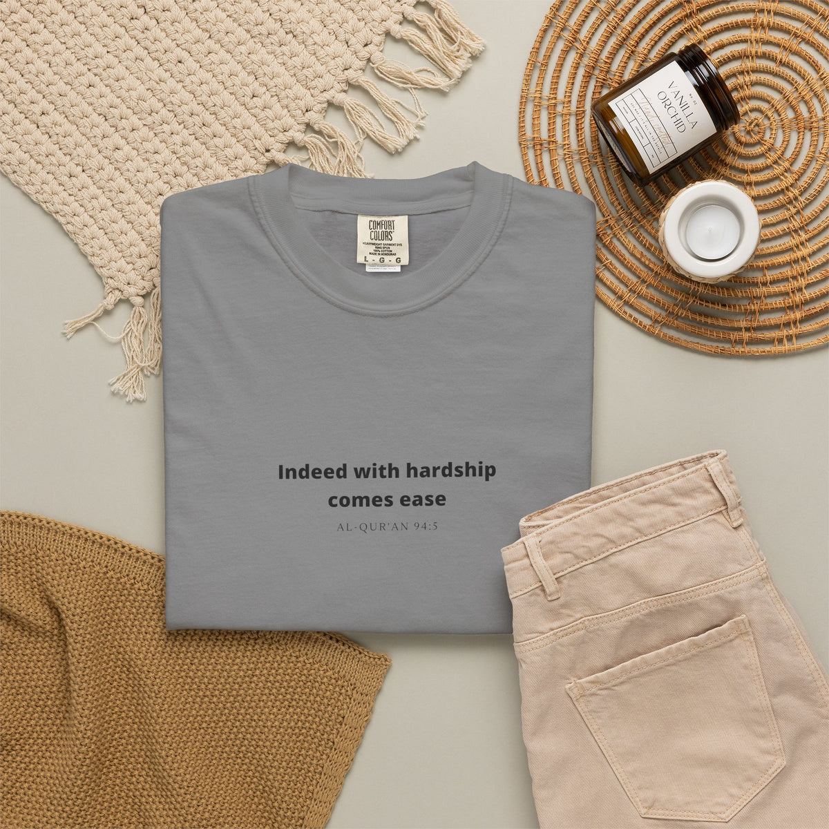 Minimalist Quran Quote T-Shirt — “Indeed with hardship comes ease” Centered Text