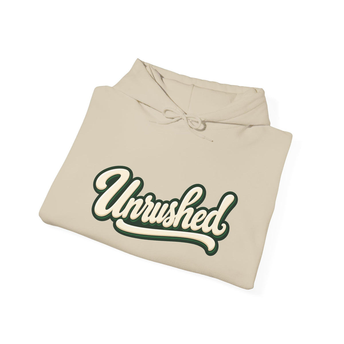 Hoodie — "Unrushed" Script Hoodie with "What Is Written Will Reach You" Back Quote