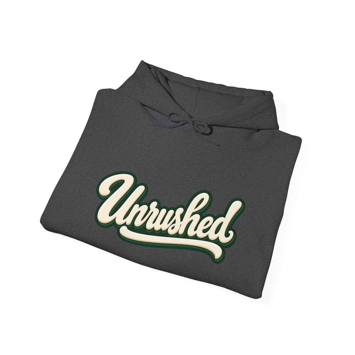 Hoodie — "Unrushed" Script Hoodie with "What Is Written Will Reach You" Back Quote