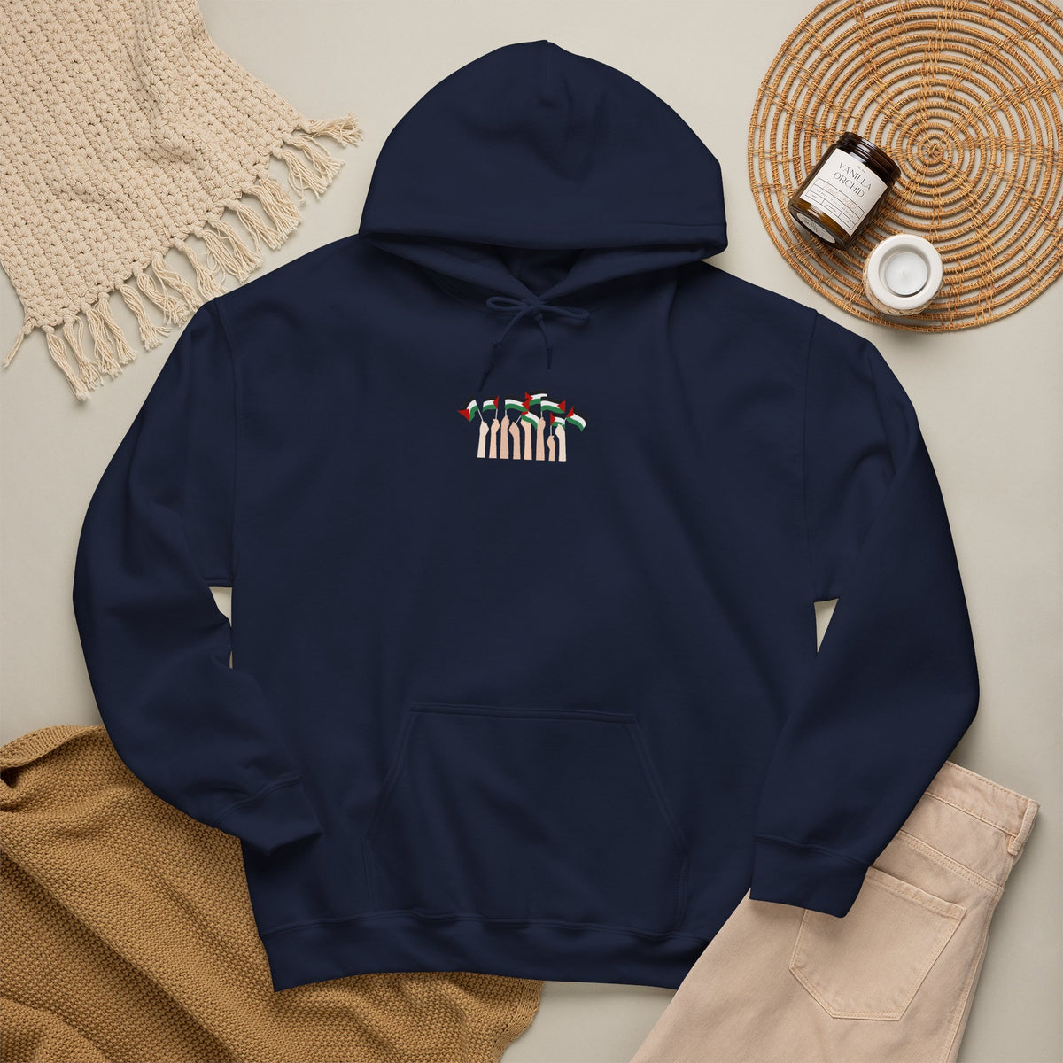 Minimal 'Calm' Palestine Flag Hoodie — Small Center Graphic