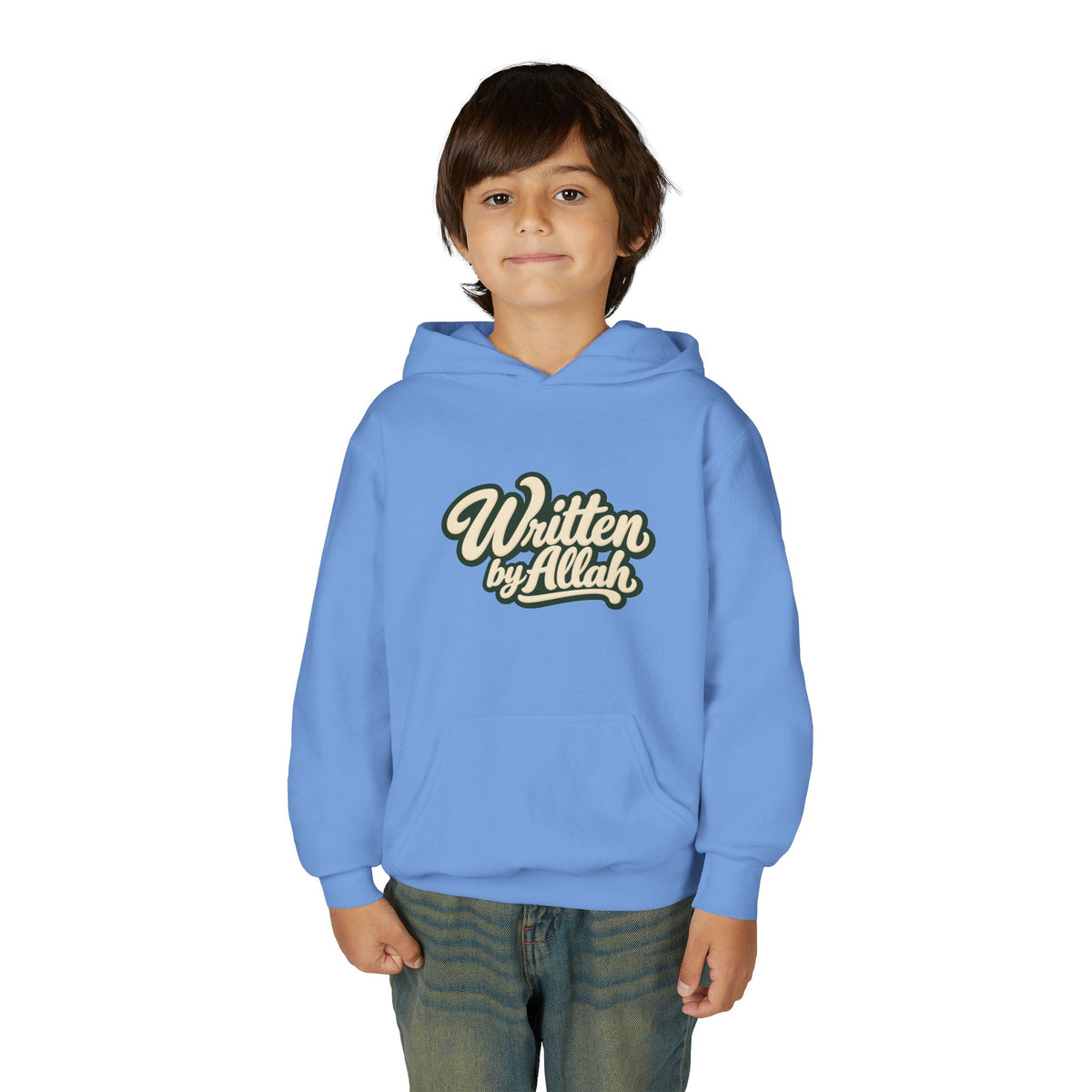 Youth Hoodie — "Written by Allah" Script Pullover for Muslim Kids