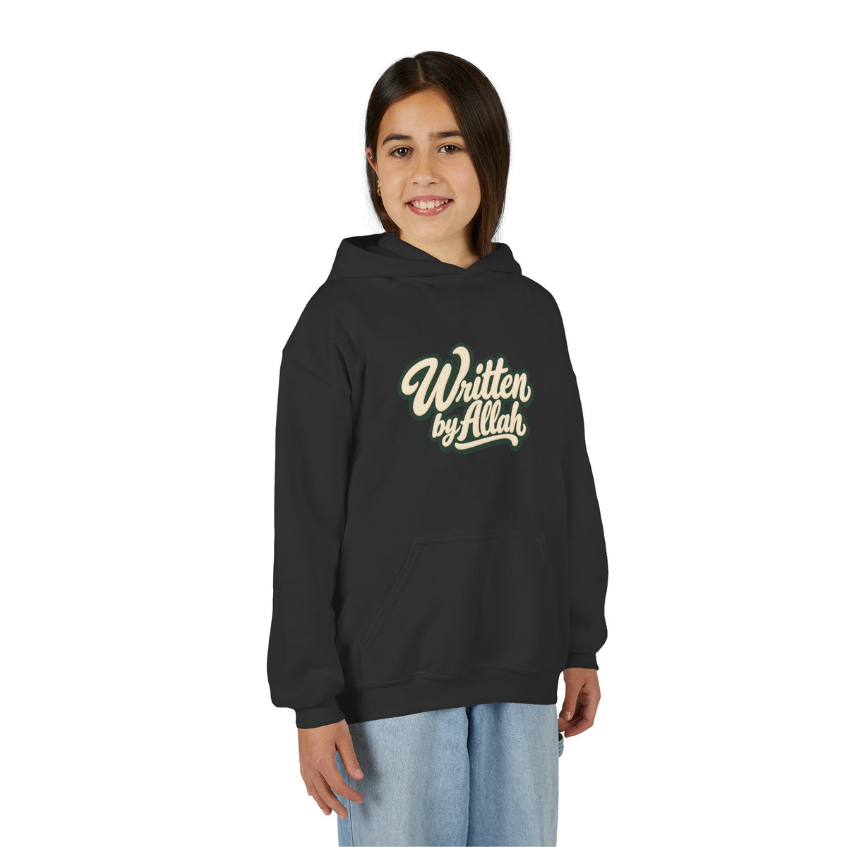 Youth Hoodie — "Written by Allah" Script Pullover for Muslim Kids