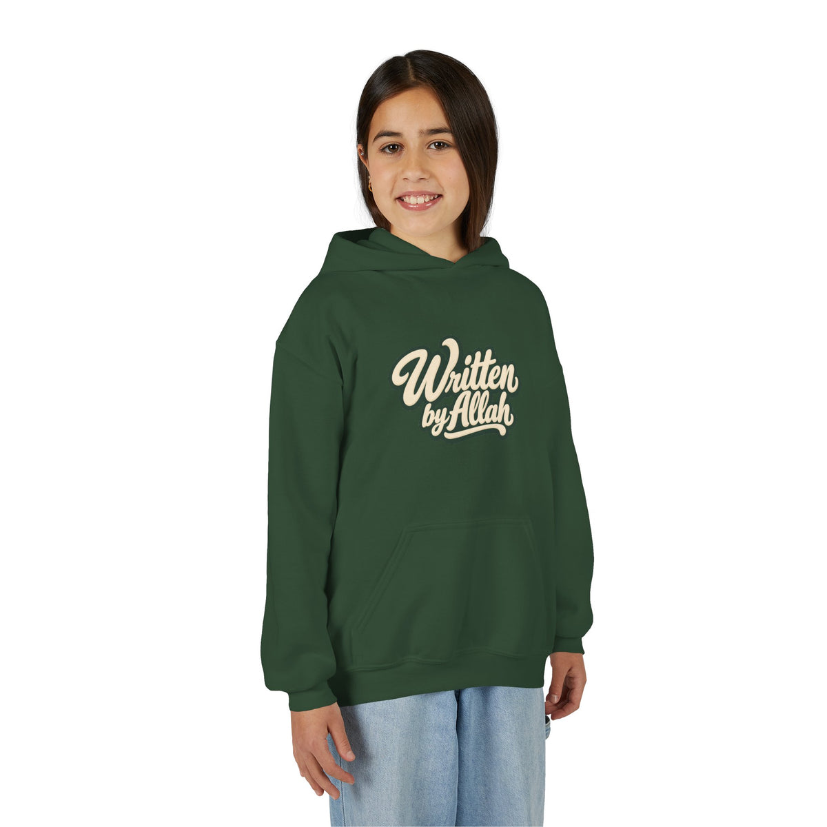 Youth Hoodie — "Written by Allah" Script Pullover for Muslim Kids
