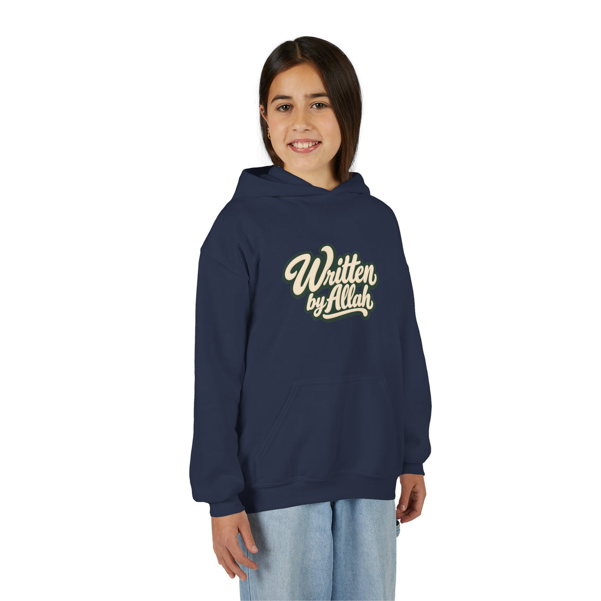 Youth Hoodie — "Written by Allah" Script Pullover for Muslim Kids