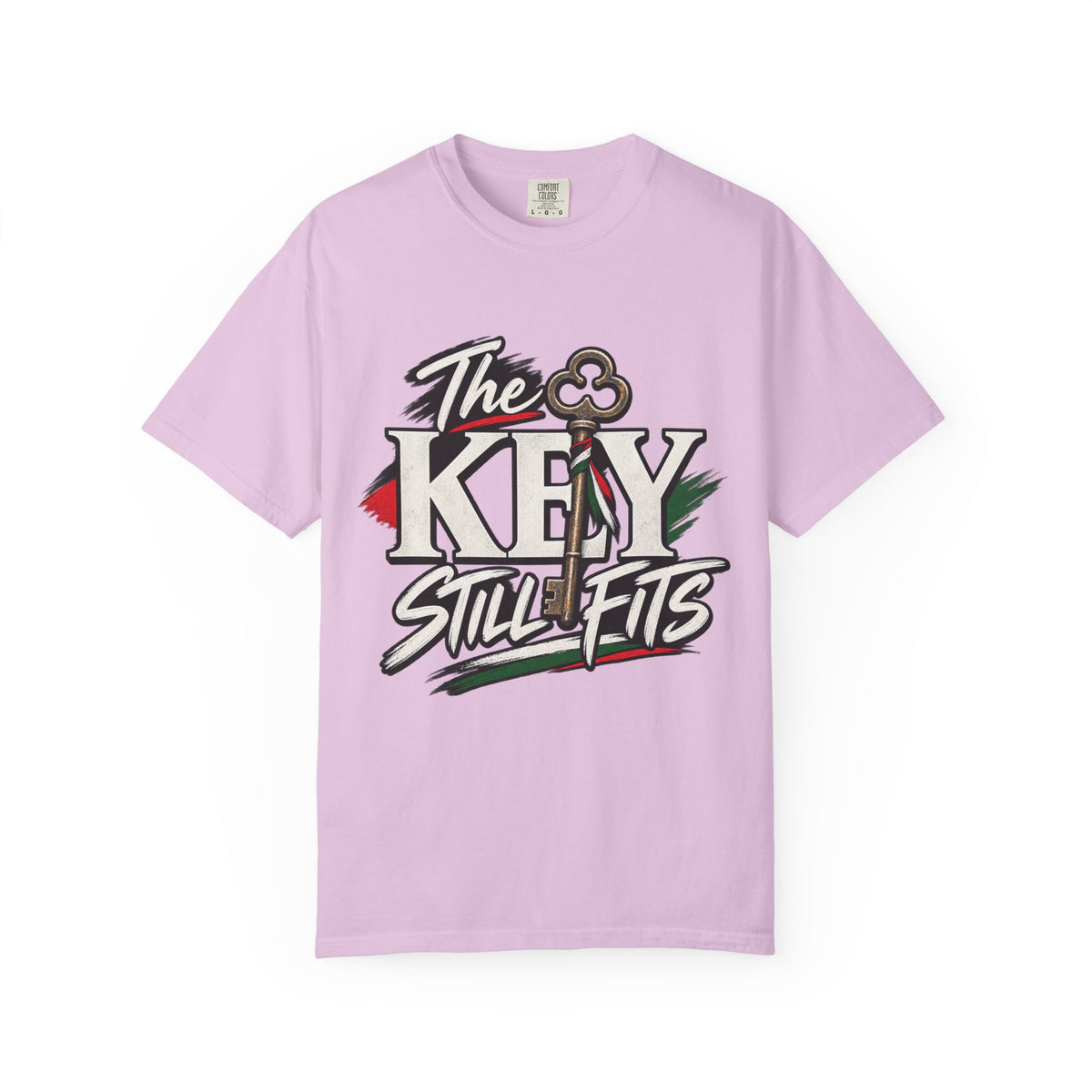 Key Still Fits T-Shirt — Vintage Key Graphic Tee with Red & Green Accents