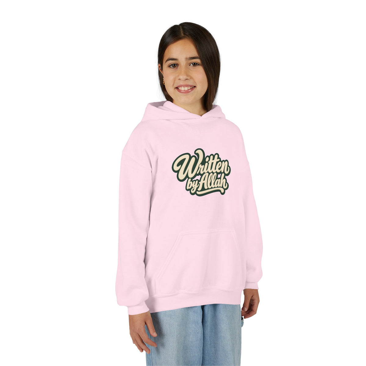 Youth Hoodie — "Written by Allah" Script Pullover for Muslim Kids