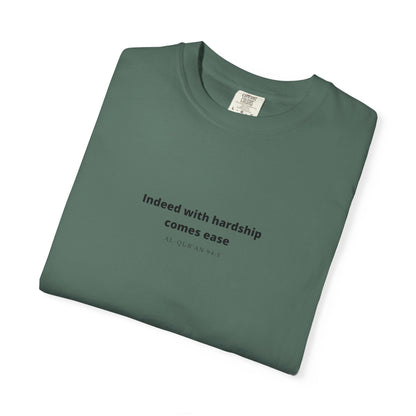Minimalist Quran Quote T-Shirt — “Indeed with hardship comes ease” Centered Text