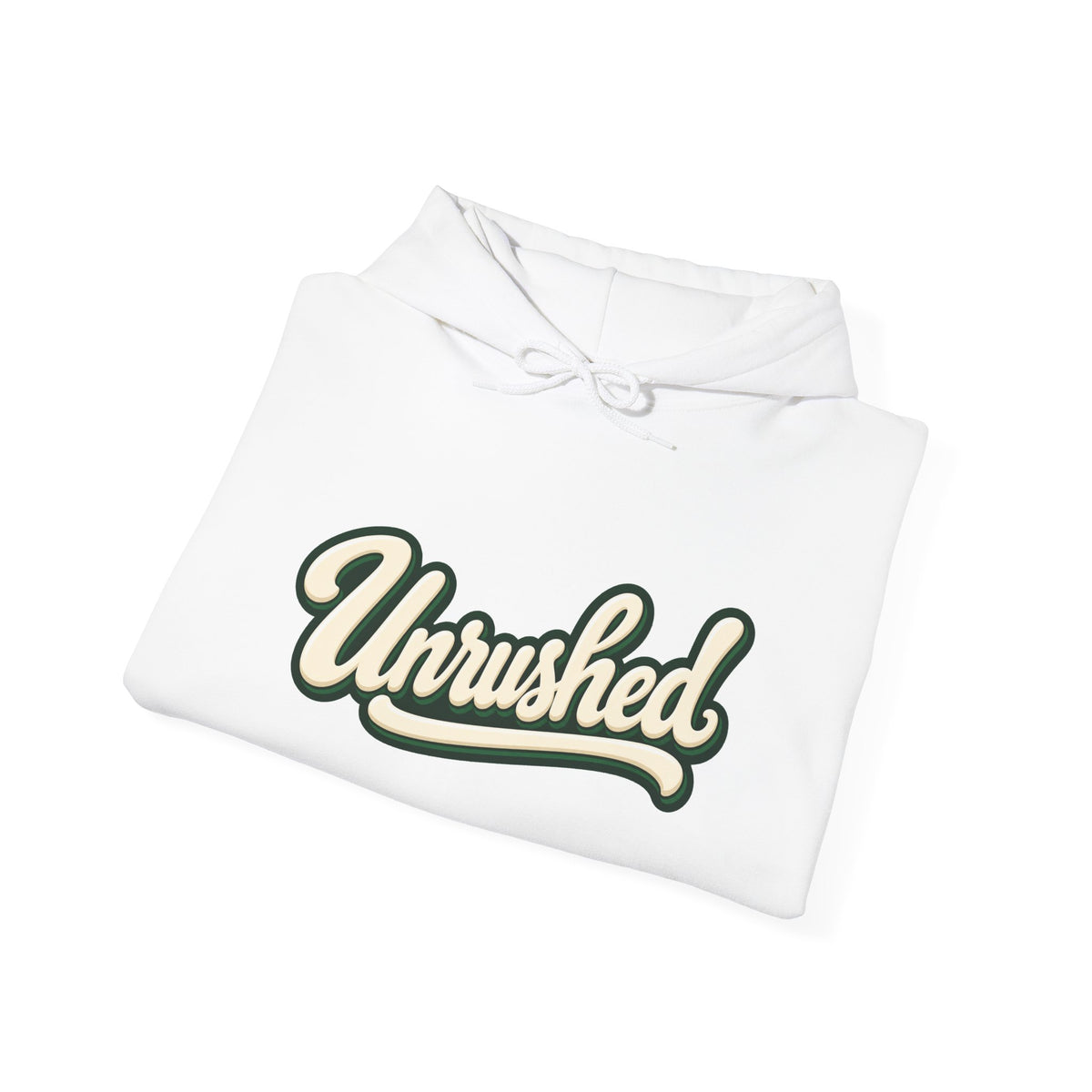 Hoodie — "Unrushed" Script Hoodie with "What Is Written Will Reach You" Back Quote