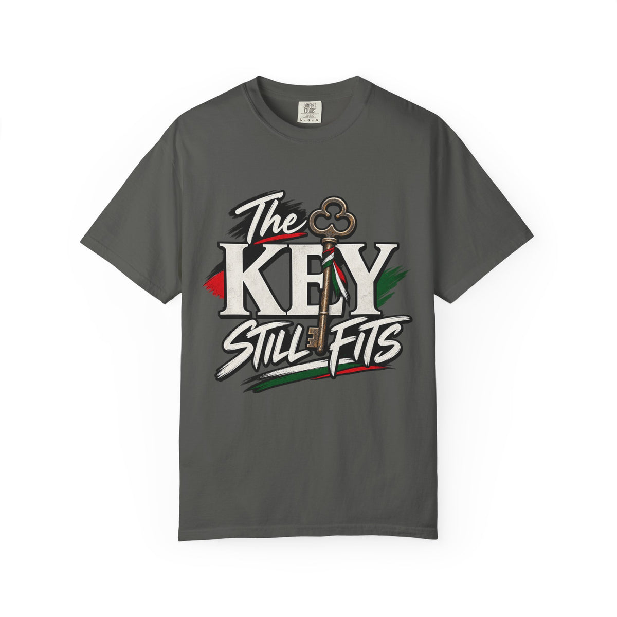 Key Still Fits T-Shirt — Vintage Key Graphic Tee with Red & Green Accents