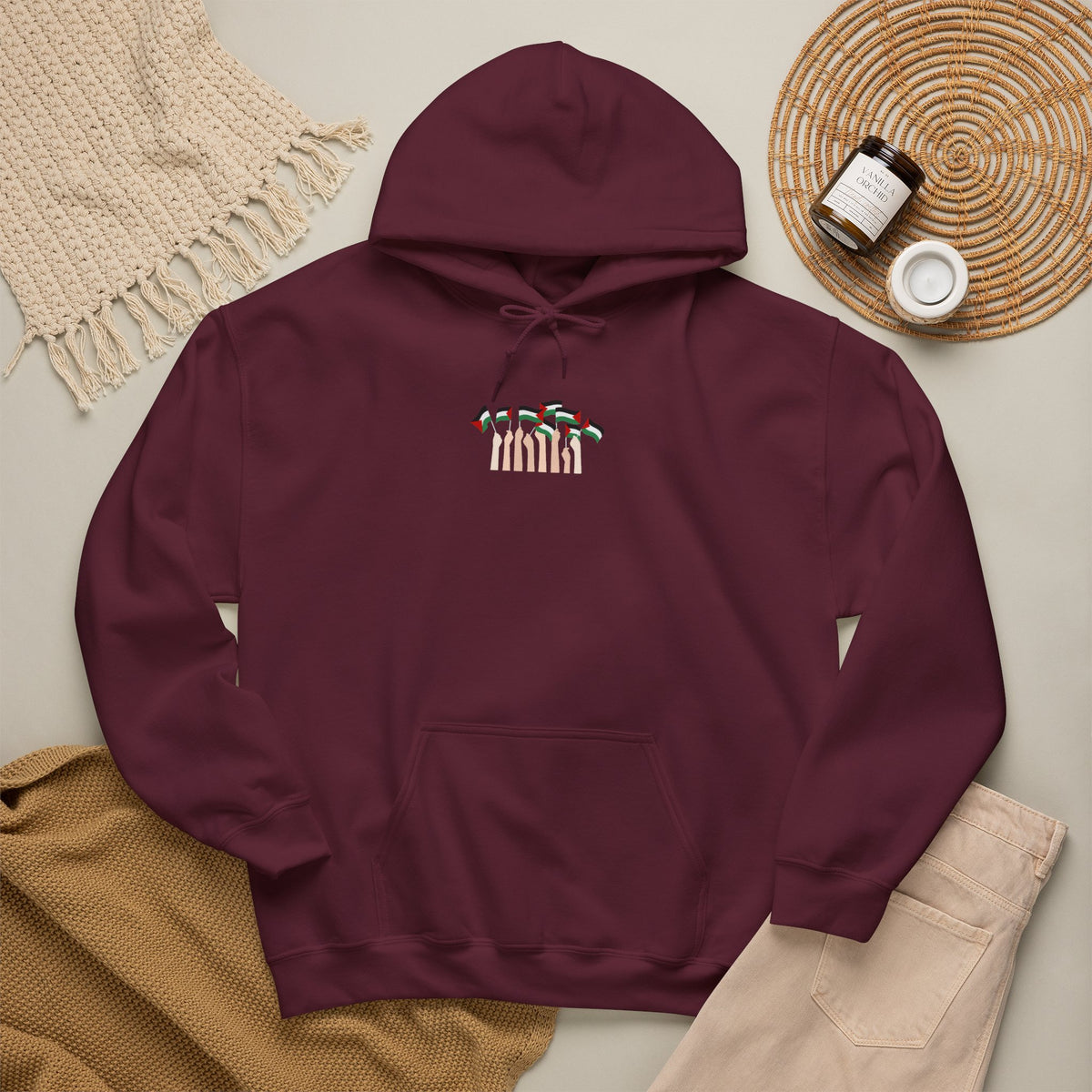 Minimal 'Calm' Palestine Flag Hoodie — Small Center Graphic