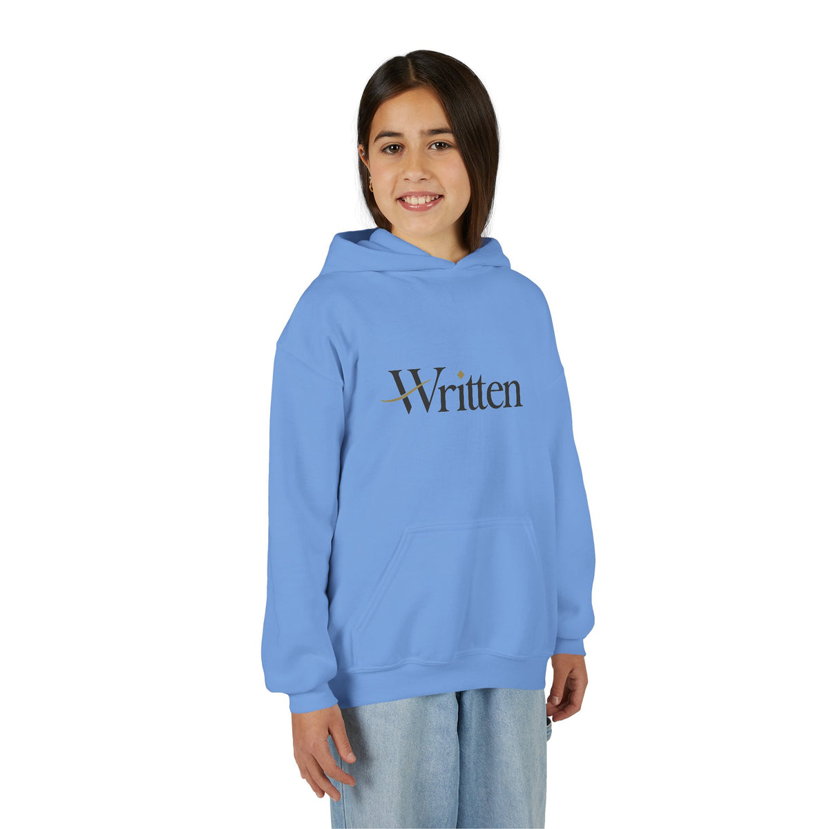Youth Hoodie — Minimal "Written" Graphic Pullover for Young Writers & Readers
