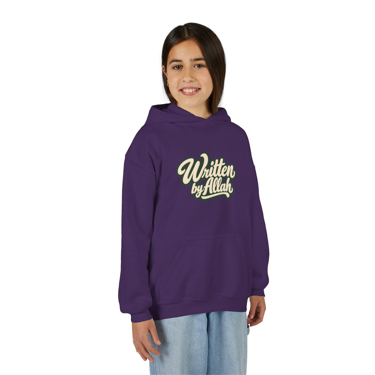 Youth Hoodie — "Written by Allah" Script Pullover for Muslim Kids