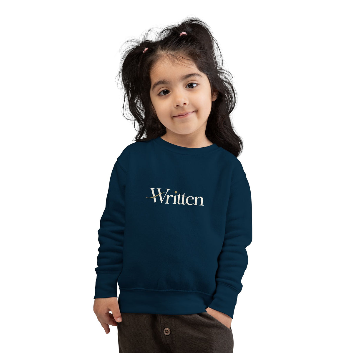 Toddler Sweatshirt - "Written" Minimalist Kids Crewneck, Cozy Gray Graphic Sweater for Little Readers & Writers