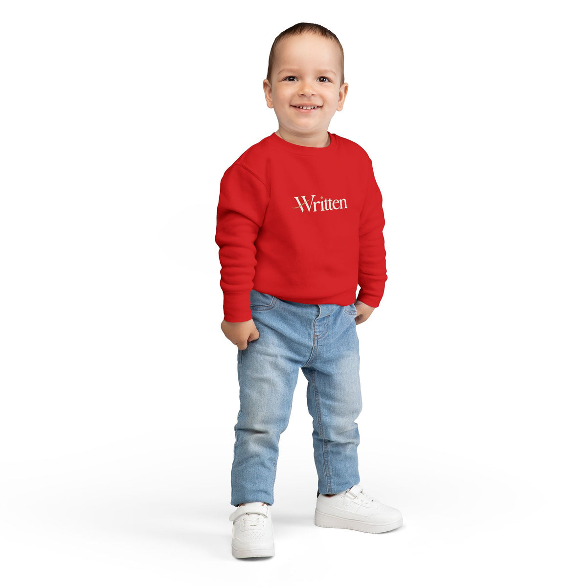 Toddler Sweatshirt - "Written" Minimalist Kids Crewneck, Cozy Gray Graphic Sweater for Little Readers & Writers