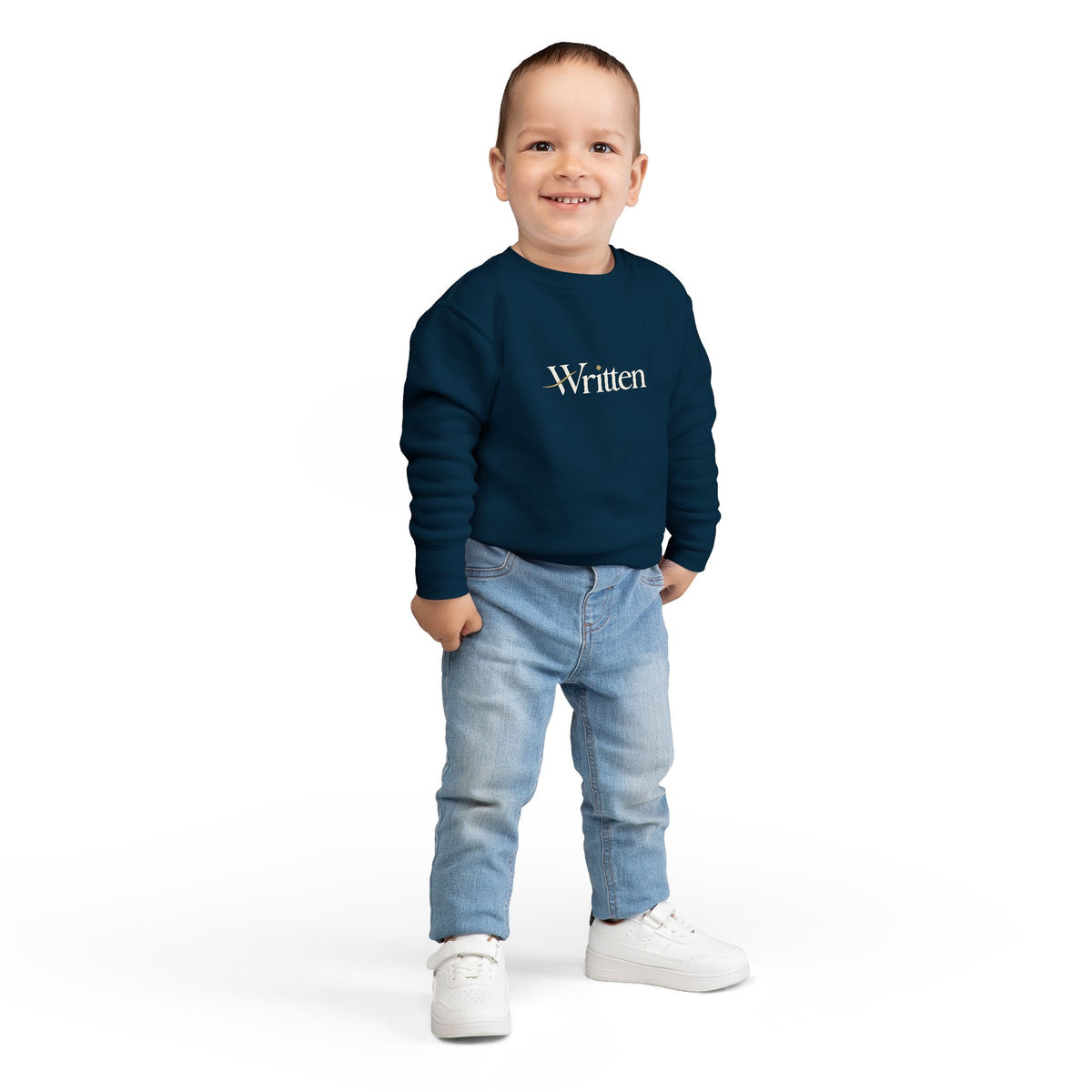 Toddler Sweatshirt - "Written" Minimalist Kids Crewneck, Cozy Gray Graphic Sweater for Little Readers & Writers