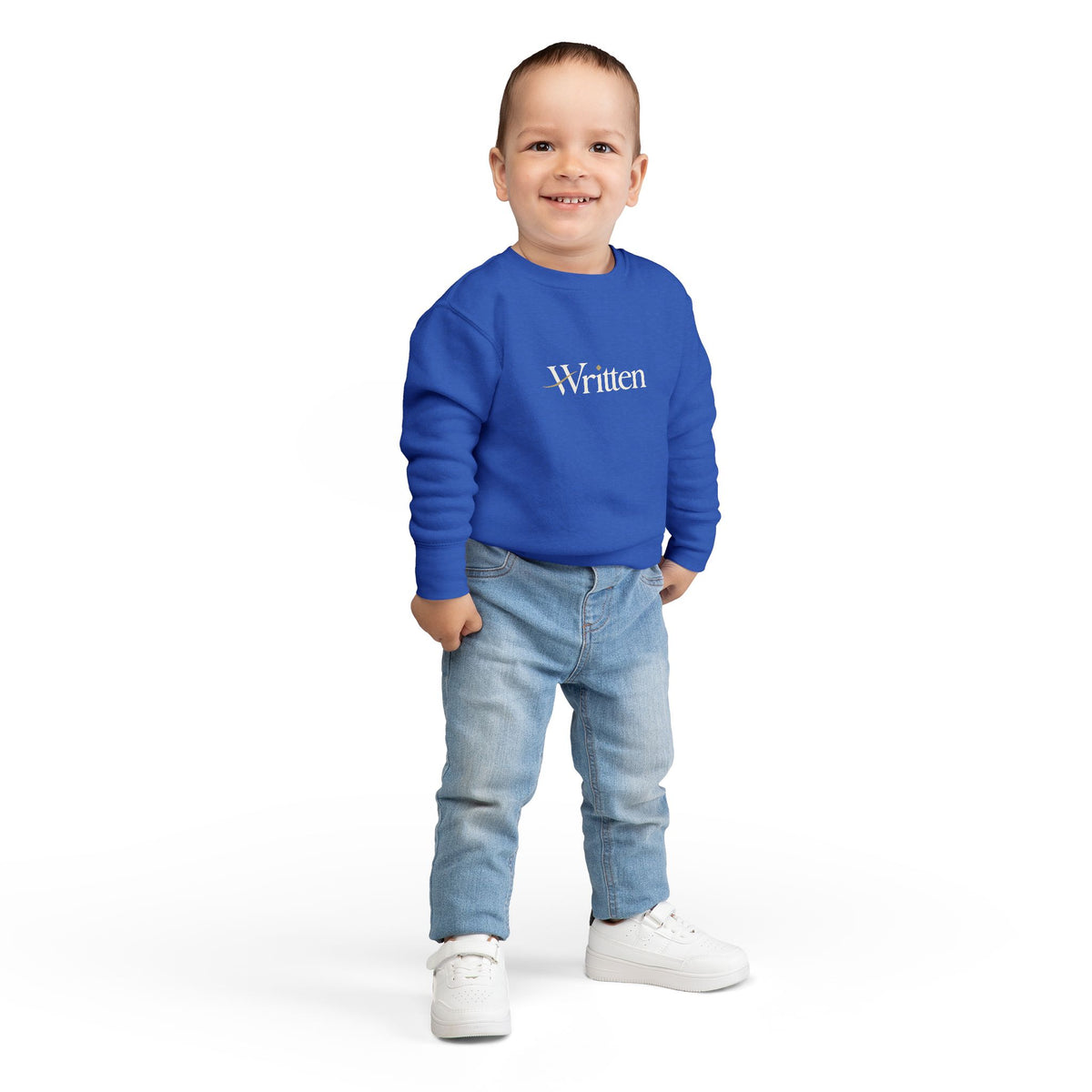 Toddler Sweatshirt - "Written" Minimalist Kids Crewneck, Cozy Gray Graphic Sweater for Little Readers & Writers