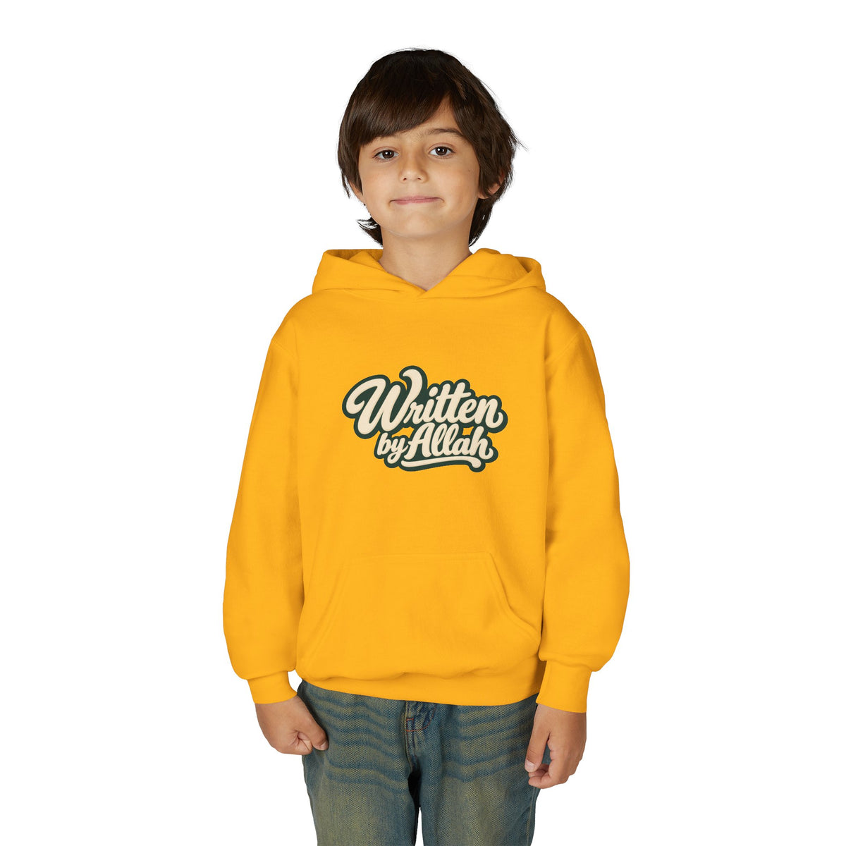 Youth Hoodie — "Written by Allah" Script Pullover for Muslim Kids