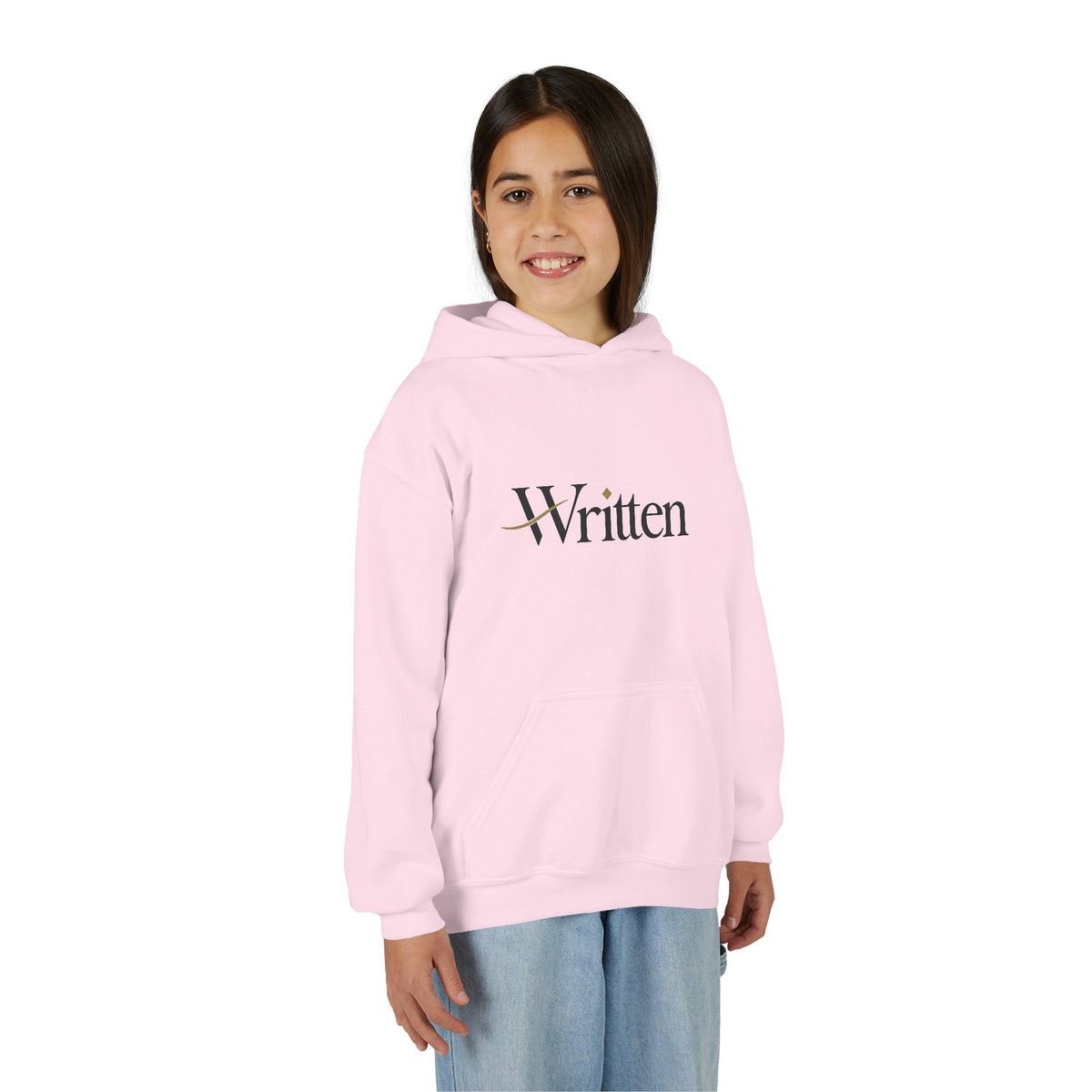 Youth Hoodie — Minimal "Written" Graphic Pullover for Young Writers & Readers