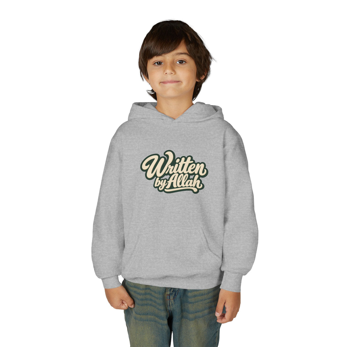 Youth Hoodie — "Written by Allah" Script Pullover for Muslim Kids
