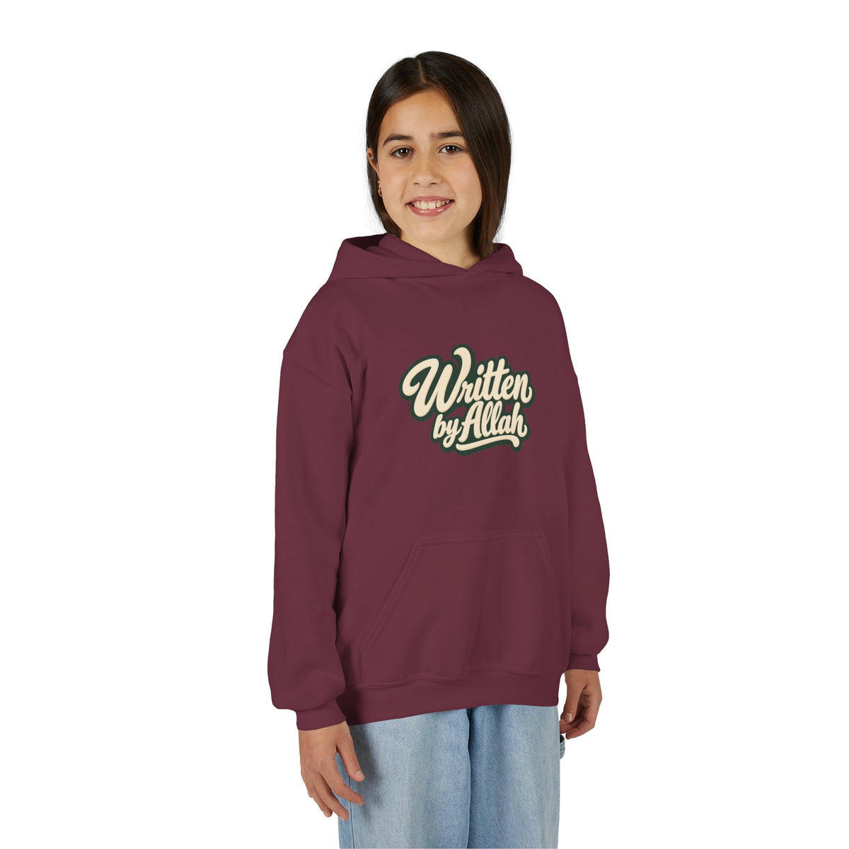 Youth Hoodie — "Written by Allah" Script Pullover for Muslim Kids
