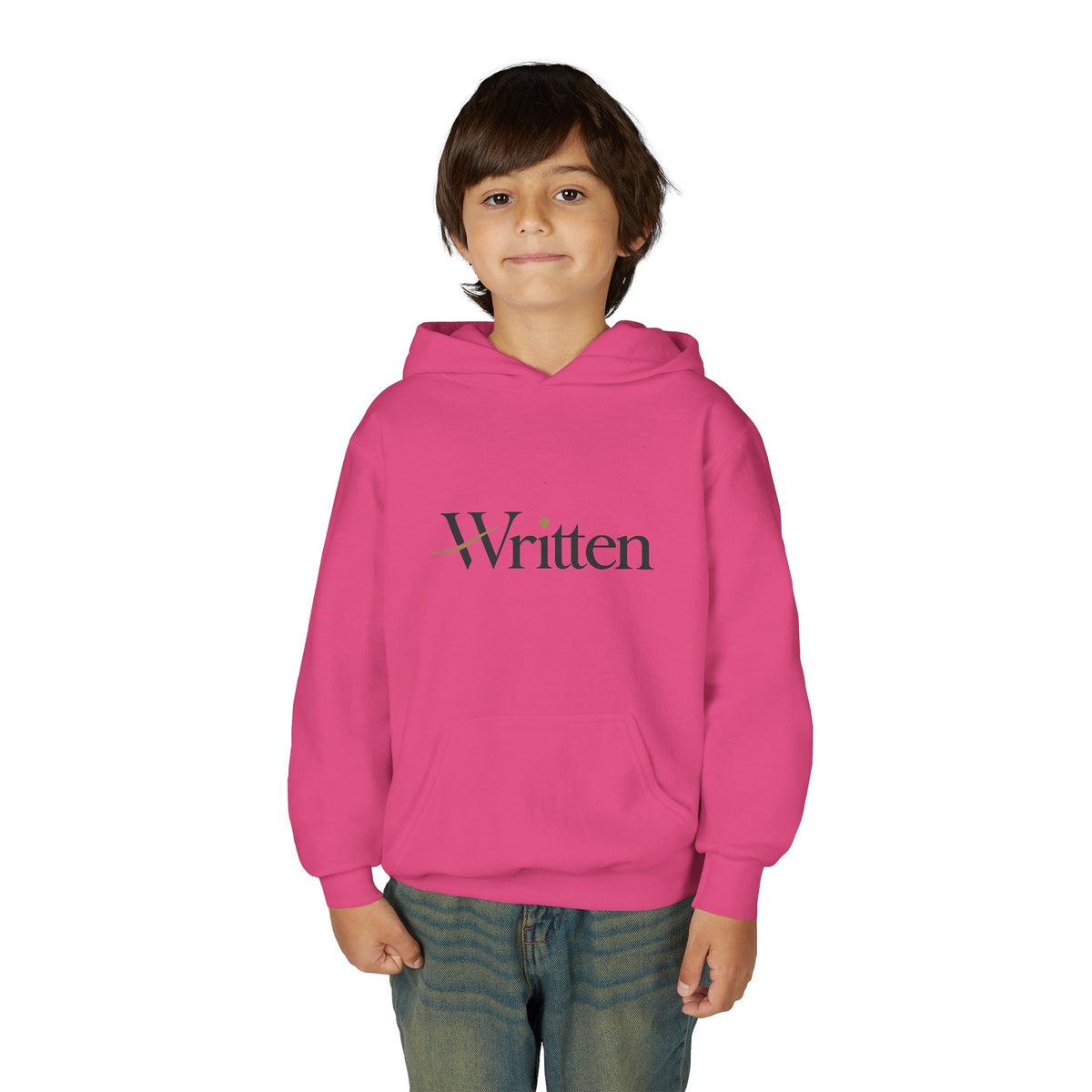 Youth Hoodie — Minimal "Written" Graphic Pullover for Young Writers & Readers