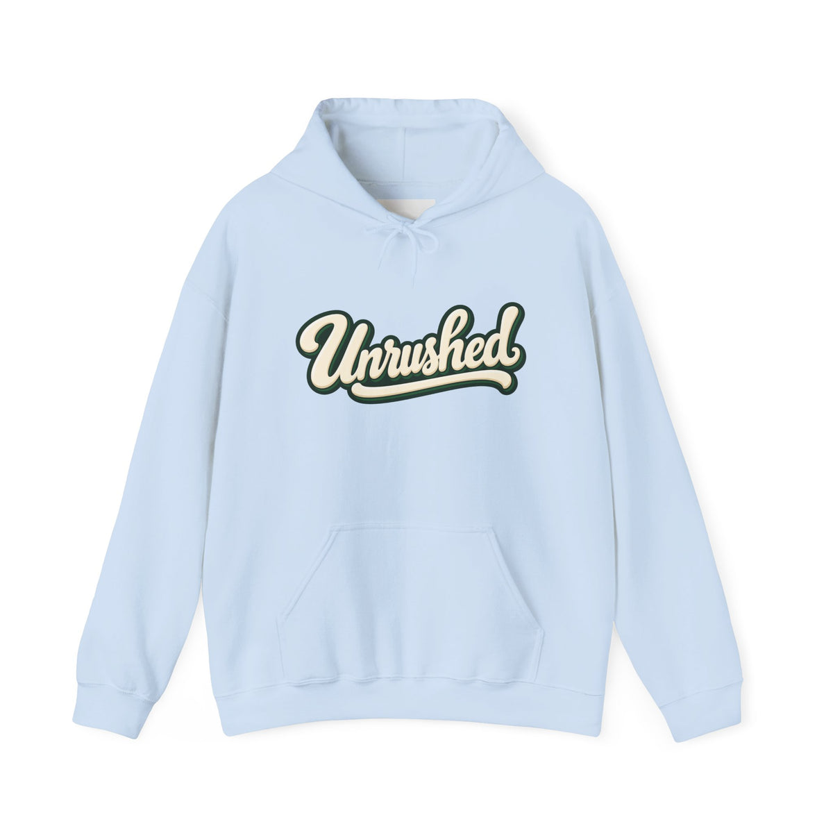 Hoodie — "Unrushed" Script Hoodie with "What Is Written Will Reach You" Back Quote