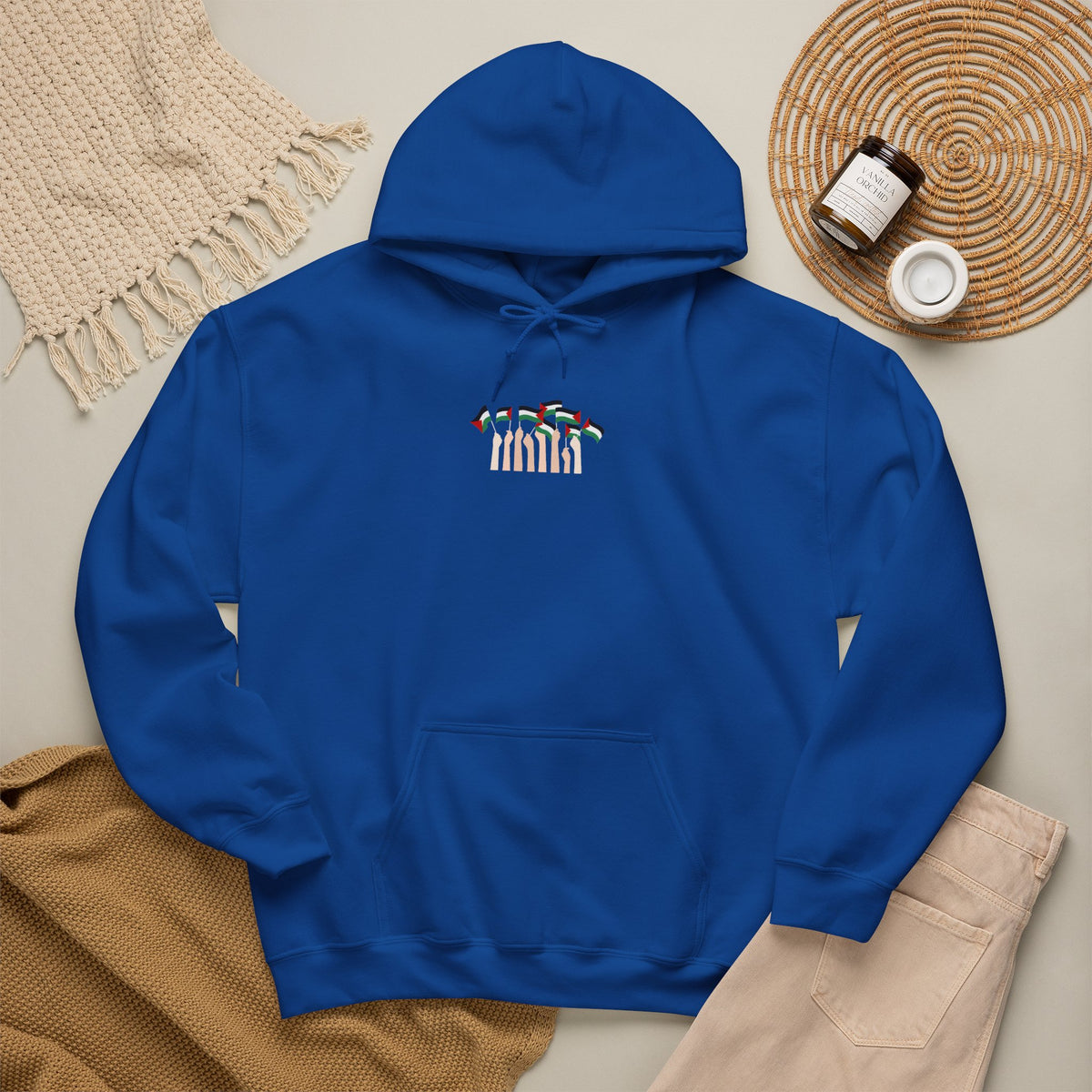Minimal 'Calm' Palestine Flag Hoodie — Small Center Graphic