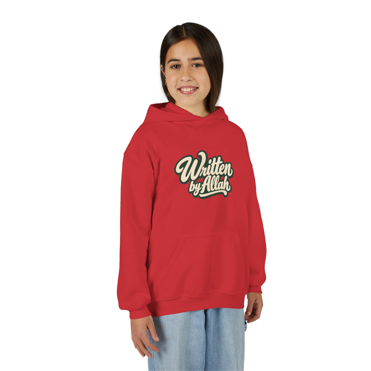 Youth Hoodie — "Written by Allah" Script Pullover for Muslim Kids