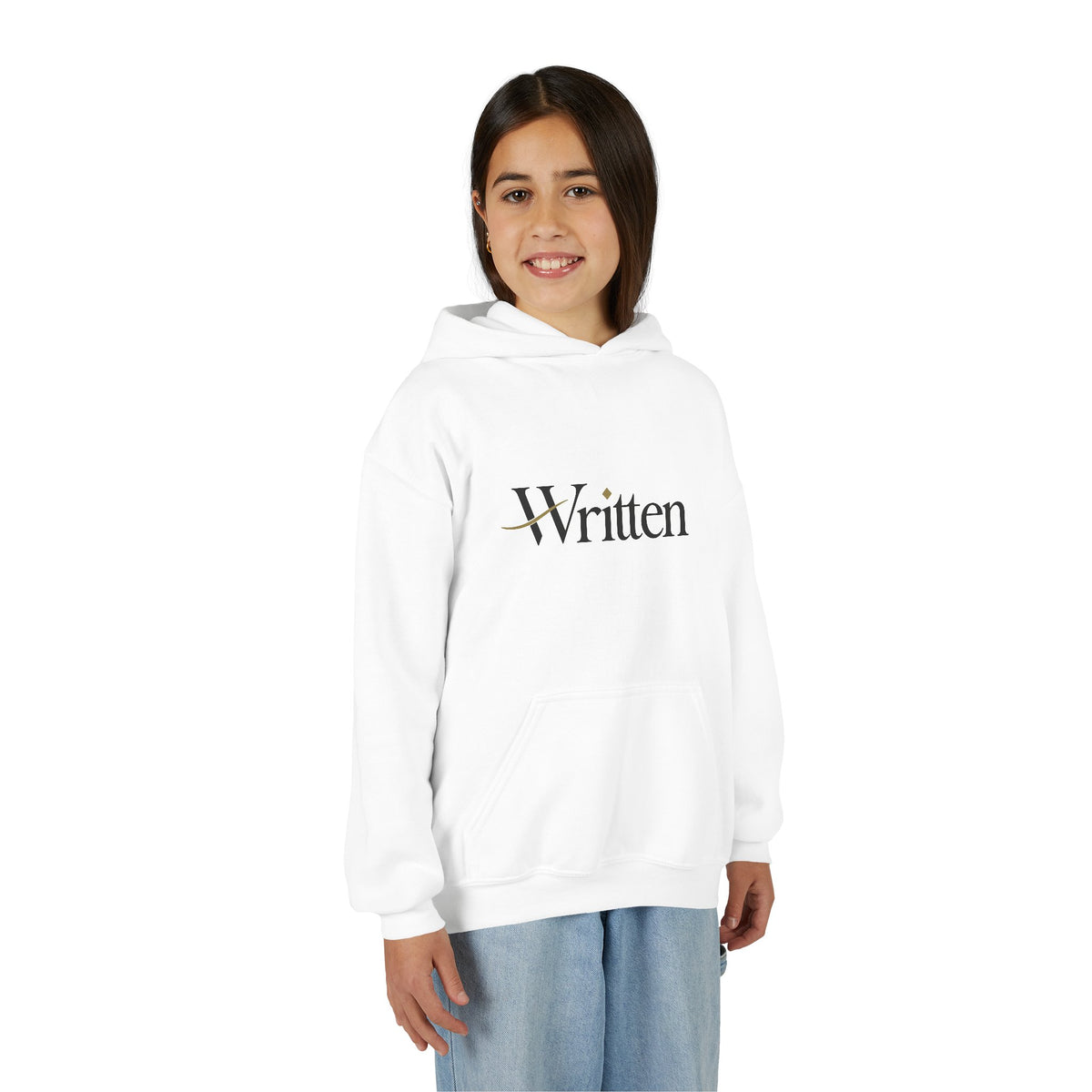 Youth Hoodie — Minimal "Written" Graphic Pullover for Young Writers & Readers