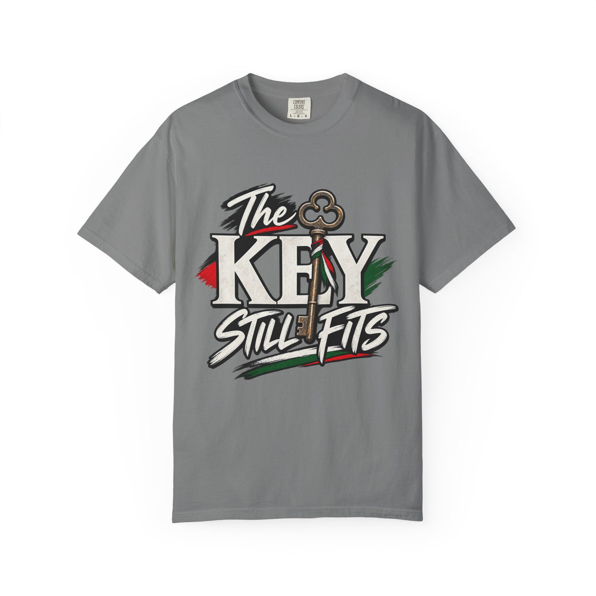 Key Still Fits T-Shirt — Vintage Key Graphic Tee with Red & Green Accents