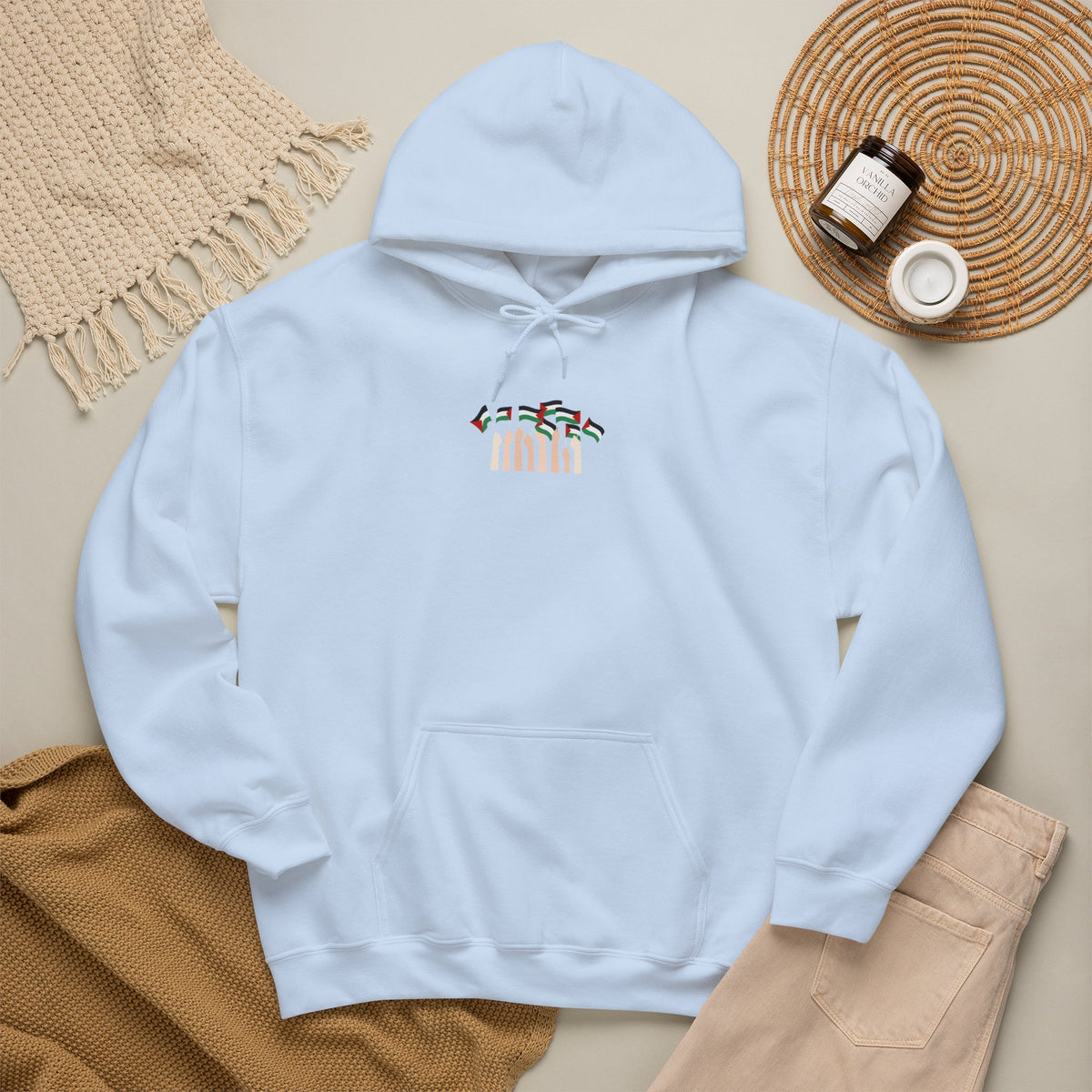 Minimal 'Calm' Palestine Flag Hoodie — Small Center Graphic