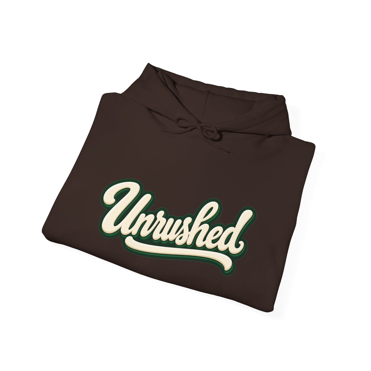 Hoodie — "Unrushed" Script Hoodie with "What Is Written Will Reach You" Back Quote