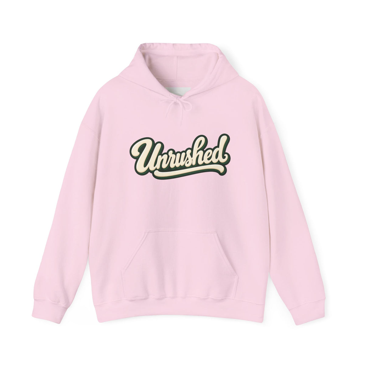 Hoodie — "Unrushed" Script Hoodie with "What Is Written Will Reach You" Back Quote