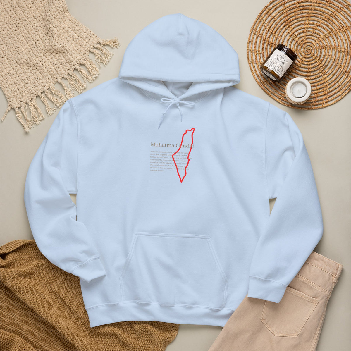 Hoodie — Mahatma Gandhi Quote with Red Palestine Map Outline