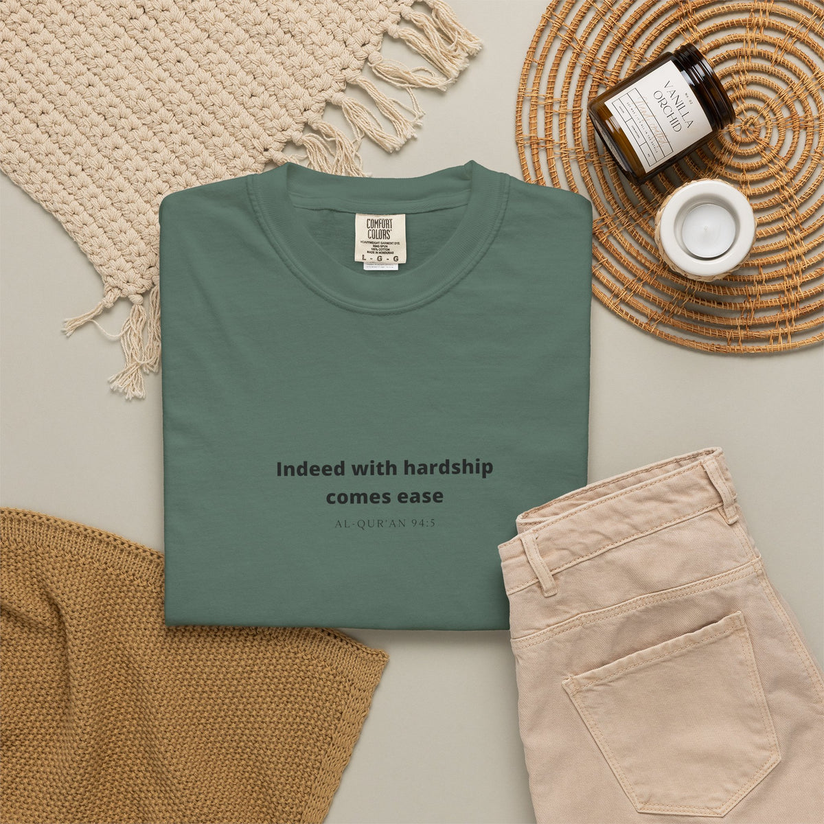 Minimalist Quran Quote T-Shirt — “Indeed with hardship comes ease” Centered Text