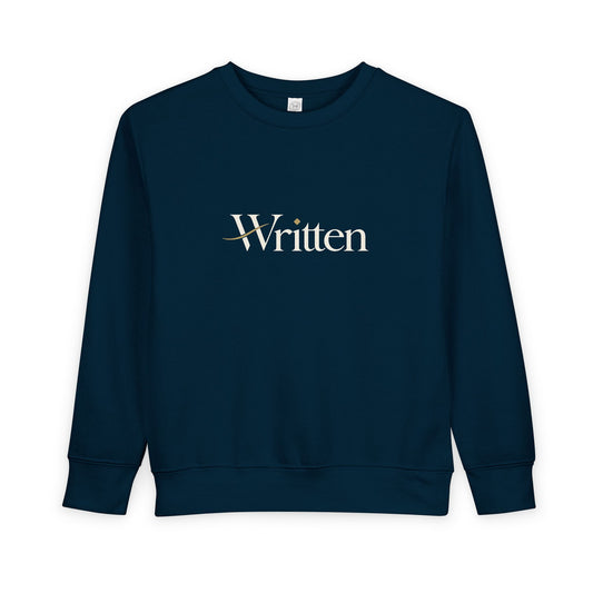 Toddler Sweatshirt - "Written" Minimalist Kids Crewneck, Cozy Gray Graphic Sweater for Little Readers & Writers