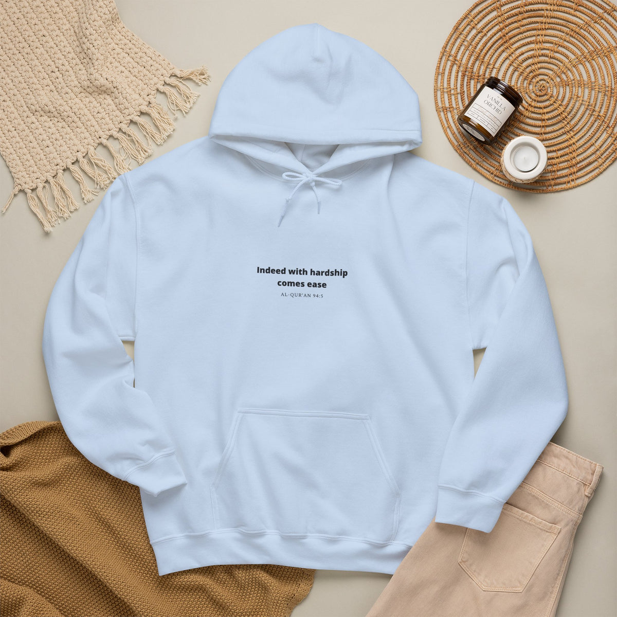 Minimal White Hoodie with "Indeed With Hardship Comes Ease" Text — Inspirational Comfort Pullover